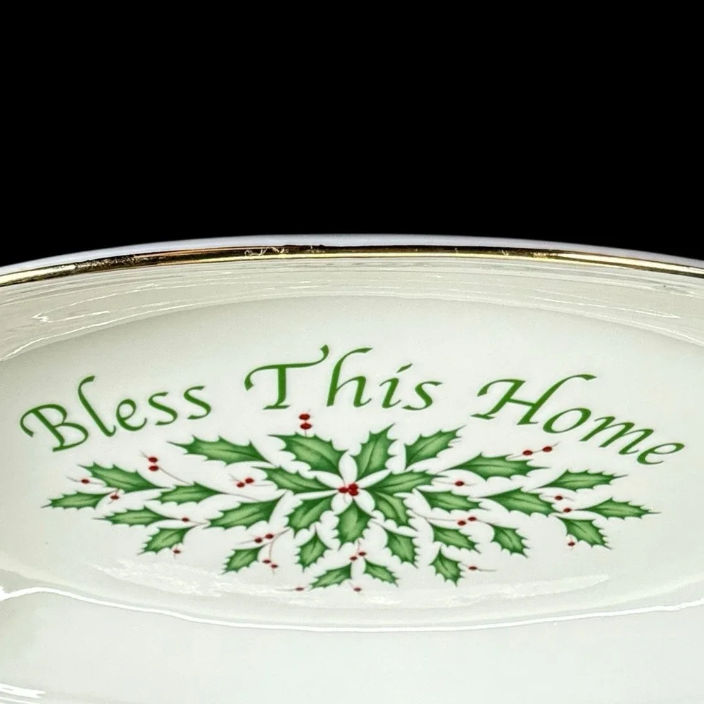 Lenox Holiday Christmas‎ Serving Tray Oval Plate Bless This Home Holly Berry Box